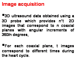 Text Box: Image acquisition
3D ultrasound data obtained using a 3D probe which provides n*t   2D images that correspond to n coaxial planes with angular increments of 360/n degrees, 
For each coaxial plane, t images correspond to different times during the heart cycle. 
Typical values for the number of planes ( n ) and times ( t ) are 60 and 25, respectively. 
